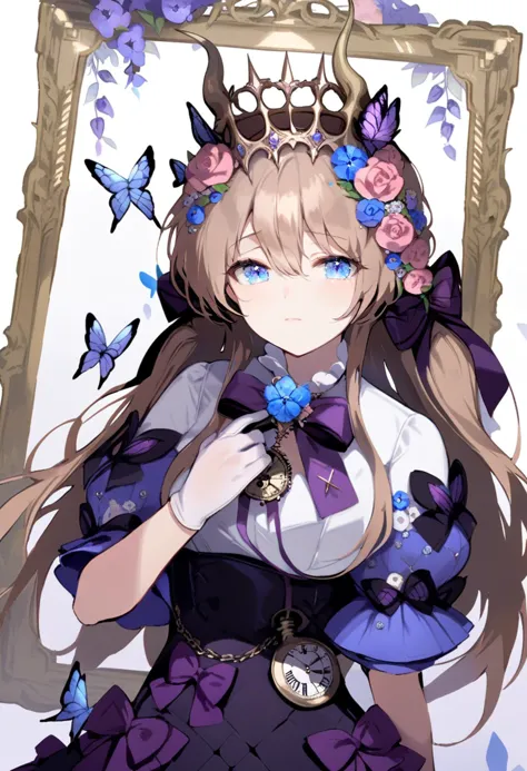 masterpiece, best quality,<lora:oh4xl_ani31_lokr_v4312:0.95>1girl, solo, flower, hair ornament, long hair, bow, hair flower, pur...