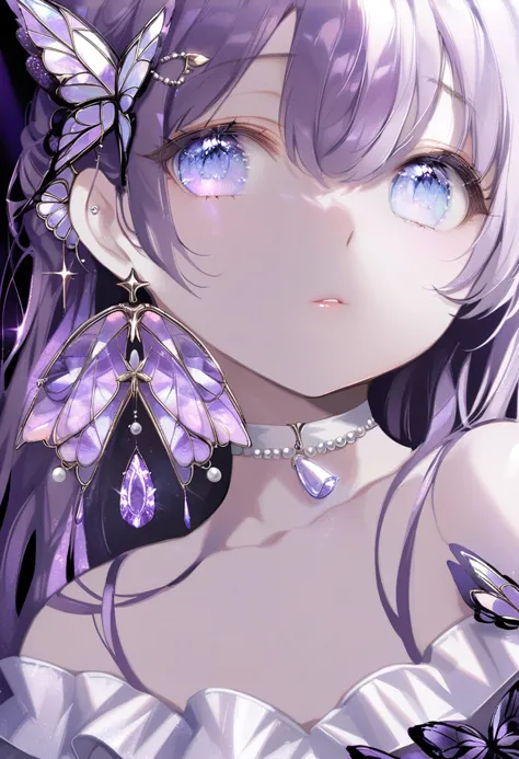 masterpiece, best quality,<lora:oh4xl_ani31_lokr_v4312:0.95>1girl, solo, jewelry, bug, earrings, purple nails, butterfly, purple...