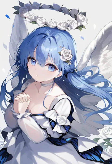 masterpiece, best quality,<lora:oh4xl_ani31_lokr_v4312:0.95>1girl, solo, dress, own hands together, wings, blue eyes, long hair,...