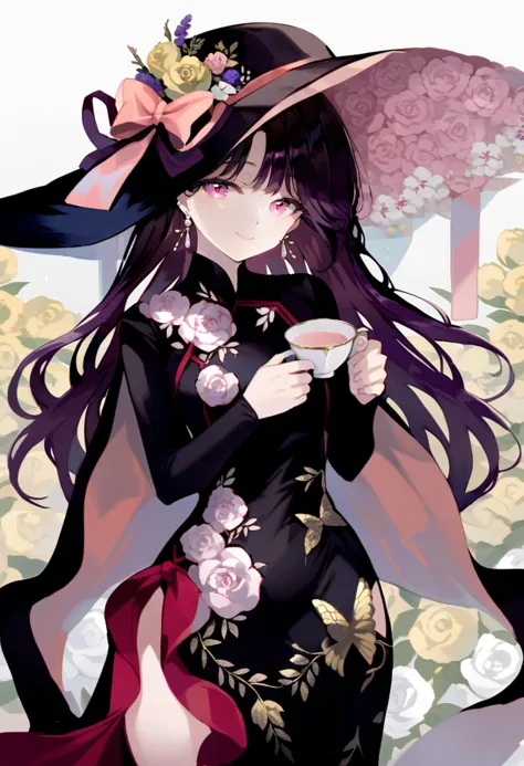 masterpiece, best quality,<lora:OH4XL_ANI31_lokr_V4312:0.95>1girl, solo, hat, flower, jewelry, earrings, dress, long hair, cup, holding, black dress, looking at viewer, hat flower, butterfly, long sleeves, bug, pink flower, teacup, holding cup, cowboy shot, black headwear, yellow flower, side slit, rose, pink eyes, floral print, hat bow, ribbon, standing, closed mouth, purple hair, bow, hat ribbon, purple eyes, black hair, pink rose, two-sided fabric, chinese clothes, cape, purple flower, smile, china dress, yellow rose, white flower