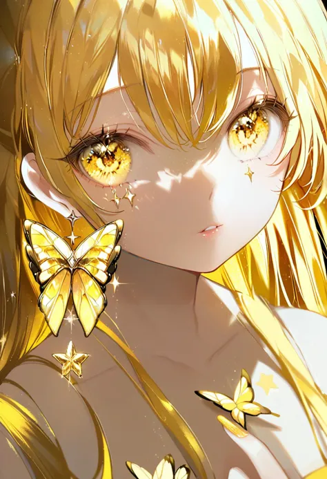 masterpiece, best quality,<lora:OH4XL_ANI31_lokr_V4312:0.95>1girl, solo, yellow eyes, bug, blonde hair, butterfly, jewelry, looking at viewer, earrings, long hair, parted lips, star \(symbol\), eyelashes, nail polish, portrait, fingernails, yellow theme, sparkle, upper body, hair between eyes, collarbone, bare shoulders, close-up