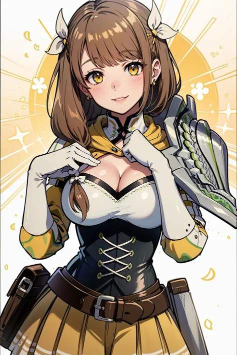 masterpiece, best quality, high quality, <lora:EPfeGoldmary-07:1.0>, EPfeGoldmary, yellow eyes, brown hair, armor, belt, blush, ...