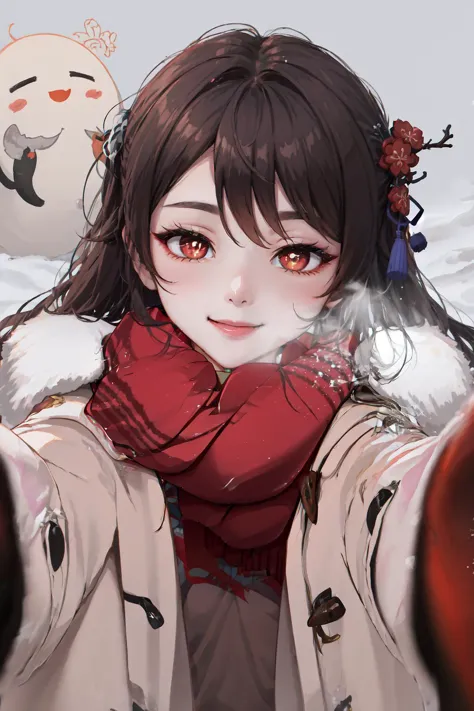 IncrsChkWarmingMeme, <lora:PovCheekWarmingMemeV2:1>, winter clothes, red scarf, breath, seductive smile, hu tao (genshin impact), boo tao, flower-shaped pupils, red eyes:1.4, flower, <lora:Char_GenshinImpact_HuTao:0.7>