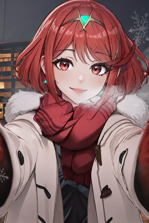 anime girl with red hair and white coat holding a red apple