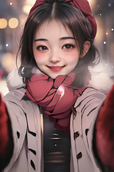 1girl, red scarf, winter clothes, smile, blush, <lora:PovCheekWarmingMeme:1>