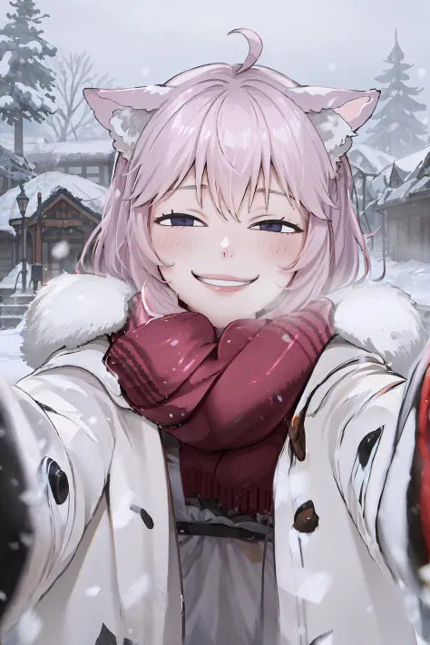 IncrsChkWarmingMeme, <lora:PovCheekWarmingMemeV2:1>, winter clothes, red scarf, breath, NyatashaNyanners, cat ears, cat tail, <lora:Char_VTuber_Nyanners:1>, IncrsAnyasHehFaceMeme, grin, smug, <lora:Pos_AnyasHehFaceMeme:1>, outdoors, snow, snowing,