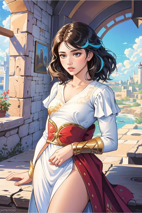 a woman in a white dress and red belt standing in front of a castle