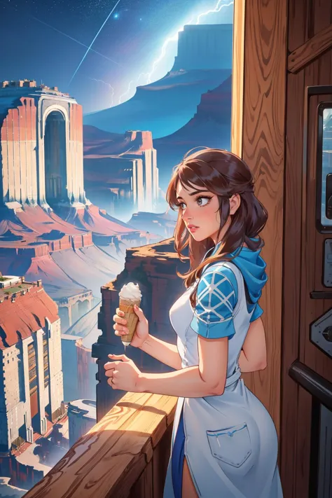 a woman in a blue dress holding a cup of ice cream