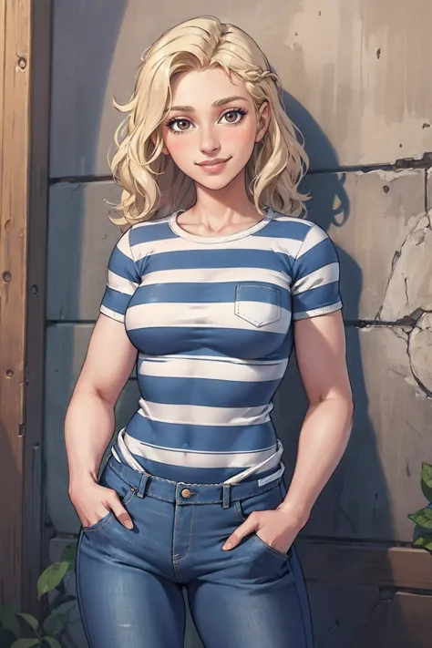 (masterpiece, highest quality, illustration), cowboy shot, solo, woman, smile, wavy hair, blonde hair, brown eyes, striped shirt, short sleeves, jeans, outdoors, wall, leaning back, hands in pockets