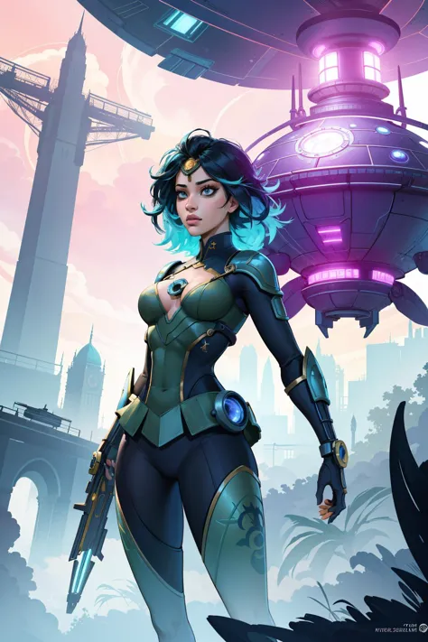 a woman in a futuristic outfit stands in front of a futuristic city