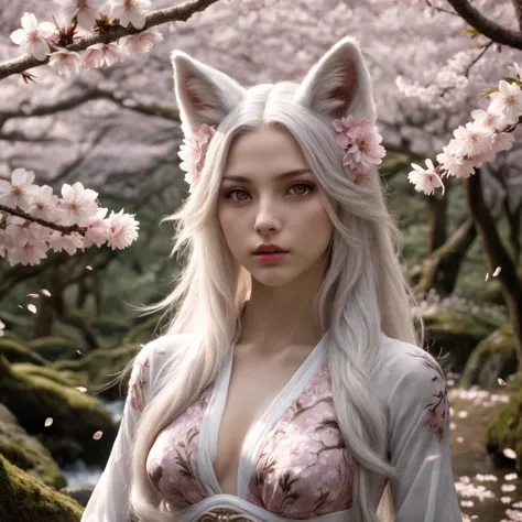 blond woman with white hair and cat ears posing in a forest