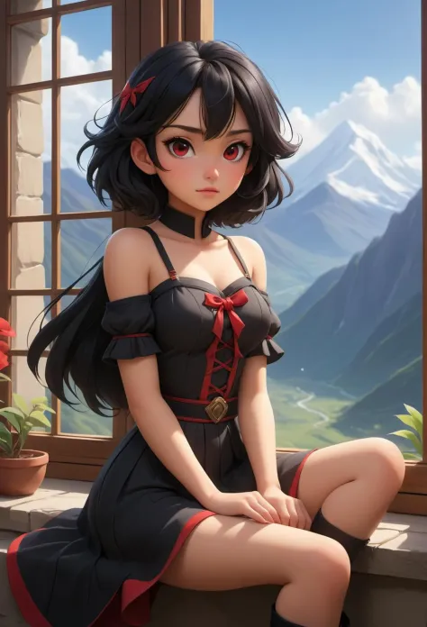 RCNZ_SDXL_Style cartoon anime 1girl, black hair, red eyes, sitting, fantasy clothes, window with a mountain outside during dawn ...