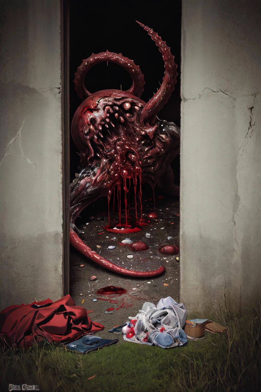 reelhorror,creature, humanoid, dismembered body, spider legs, vertical mouth, drooling, looking at viewer, lying, pants, bag, blood, tentacles, monster, injury, blood, realistic, death, corpse, messy, outdoors, pov scene, pov, horror