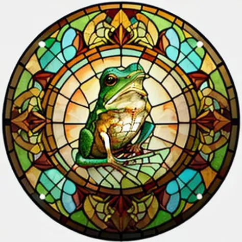 frog in the swap <lora:sglass:0.8> stained sglass style circle