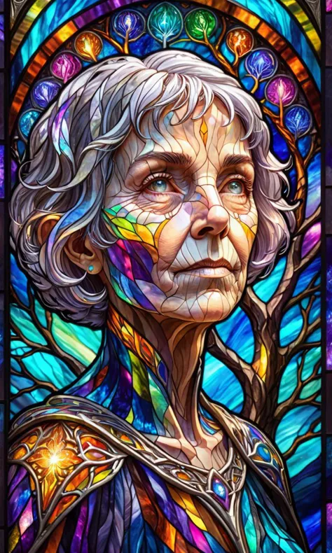 Astral Aura, Stained Glass Portrait, close up, elderly, wrinkled, halfling woman, grey hair, short bob haircut, god of knowledge...