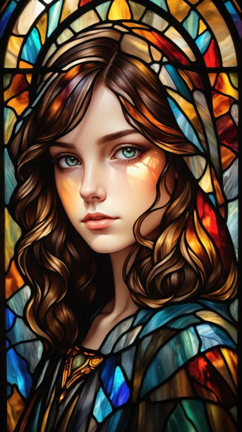 a stained glass portrait of a woman with long hair