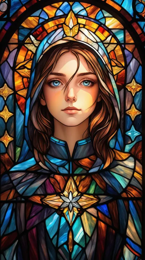 1girl, solo, looking at viewer,  <lora:Stained Glass Portrait:1>, Stained Glass Portrait, asterism, Line art, masterpiece,best quality,extremely detailed,fine details,official art,unity 8k wallpaper,4K,8K,UHD, antiBlur,photography, abstract background, (upper body:1.5), front portrait, perfectly detailed eyes