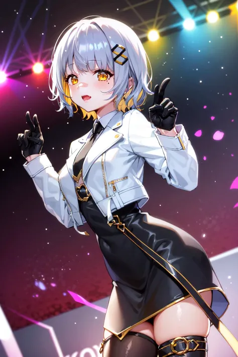 masterpiece, hachi_(vtuber), 1girl, gloves, virtual youtuber, jacket, blonde hair, black gloves, necktie, white jacket, short hair,  hair ornament, cropped jacket, multicolored hair, yellow eyes, long sleeves, thighhighs, black necktie, grey hair, black skirt, skirt, black dress, shirt, mole under eye,  <lora:hachi_v4:0.6>, on the stage, cowboy shot,