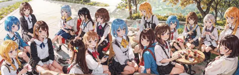 a group of anime little girls with different colored hair sit together,Look down in a circle, From below,multiple girls, 6+girls,everyone ten years old,((shaded_face)), different face,blonde hair, brown hair, short hair,pony tail,Centre parting hair,Shoulder-length hair,Bob hair, long hair, brown eyes, blue hair,happy,smile,bird view,low view,