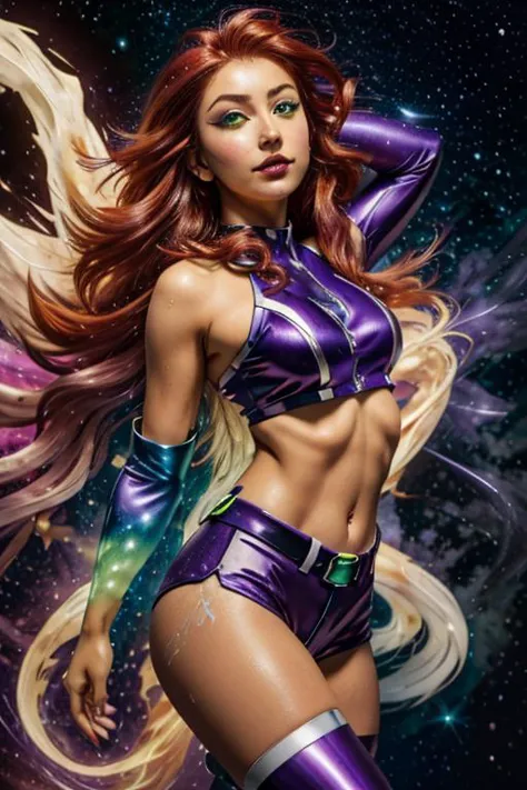 StarfireDC, glowing green eyes, long flowing hair(red), glowing eyes tan skin, large breasts, (purple crop top:1.2), green pearl, bare shoulders, midriff, purple miniskirt, purple thighhighs, belt, 8k, detailed face and eyes, full body, realistic, flying through the air, glowing balls of energy in her hands,  style-paintmagic,  