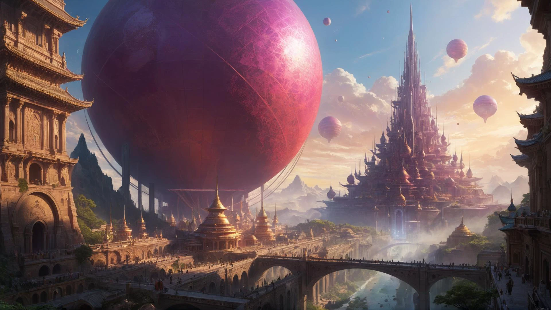 SK_DIGITALART, pintura de una megaestructura de fantasía fuera del tiempo, un mundo exótico y lejano, by Ian McQue, 
Muy impresionante & Realista, hiperdetallado, Detalles locos, detalles intrincados, Cinemáticas, Editorial Art, Desenfoque de inclinación, Súper resolución, megapíxeles, Motor irreal 5, iluminación de estudio, volumétrico, óptico, Difusión resplandeciente, oscuridad, dimensiones, bruto, trémulo, trazado de rayos Reflections, Lustroso, Reflejos luminosos, Reflexiones del espacio de la pantalla, Clasificación de difracción, aberración cromática, Cambio de GB, trazado de rayos, trazado de rayos Ambient Occlusion Anti-Ali asing, Postprocesamiento, Post-producción, sombreado de celdas, Mapeo de tonos, increíblemente detallado y complejo, hipermaximalista, pulcro, Híper realista, Súper detallado, pose dinámica, Hyperrealism, IDH, Iluminación espectacular de 8k, Colores oscuros, vista gran angular, vista panorámica, colores dominantes cereza y magenta, 
