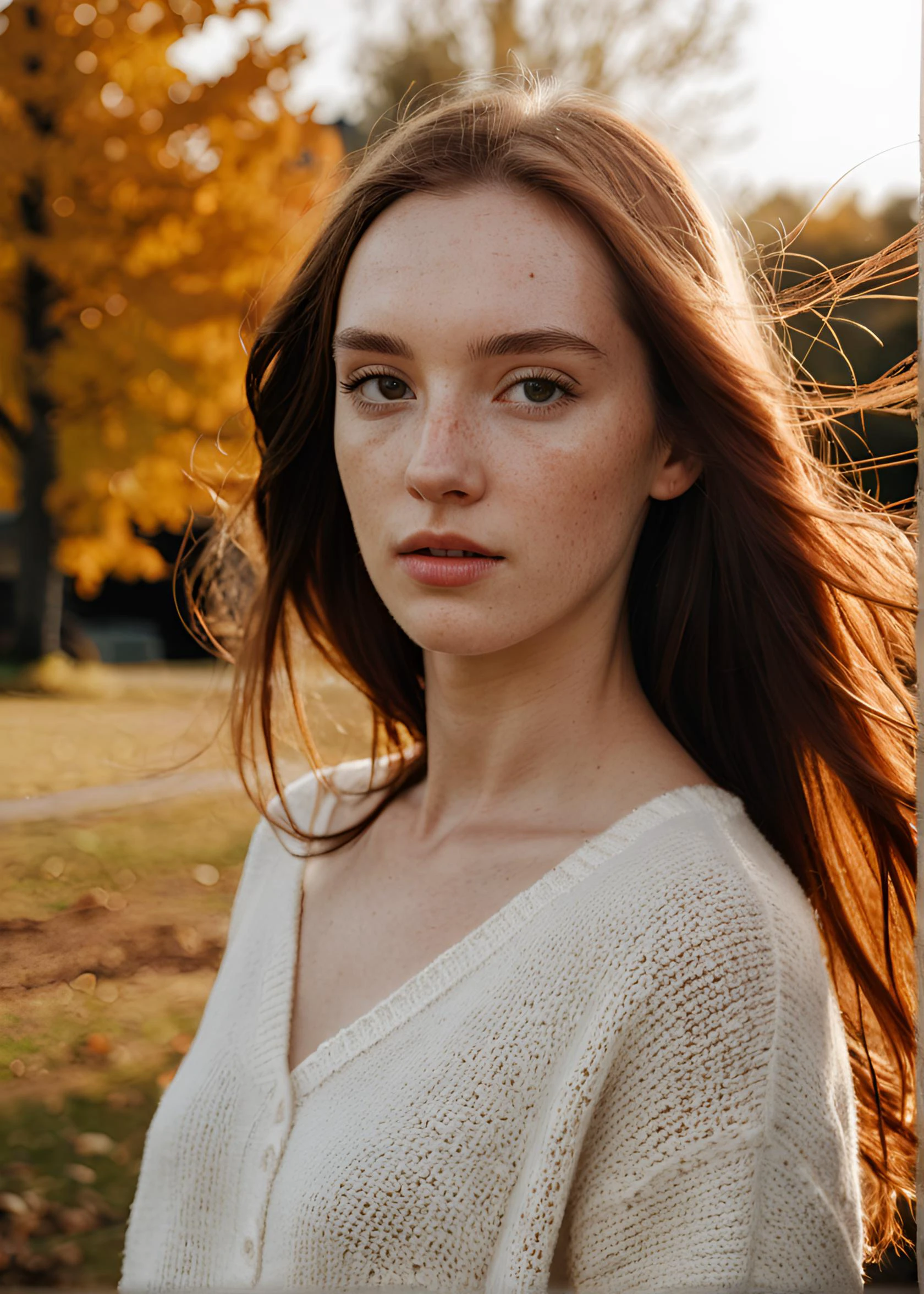 raw analog portrait photo of a beautiful woman, detailed skin, realistic skin texture, long hair, natural lighting, outdoor, autumn, windy, 8k, uhd, masterpiece, photorealism