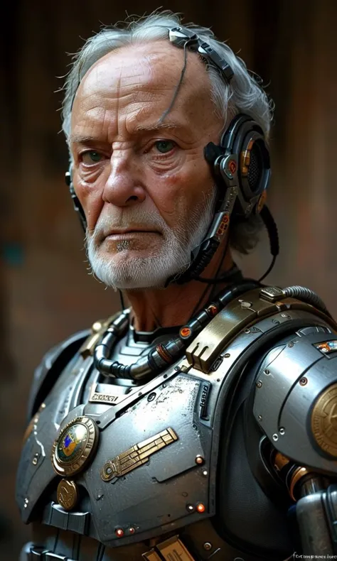 perfecteyes Veteran cybernetic soldier, age 65, his hair cropped short, peppered with the grey of battles past, his skin weather...