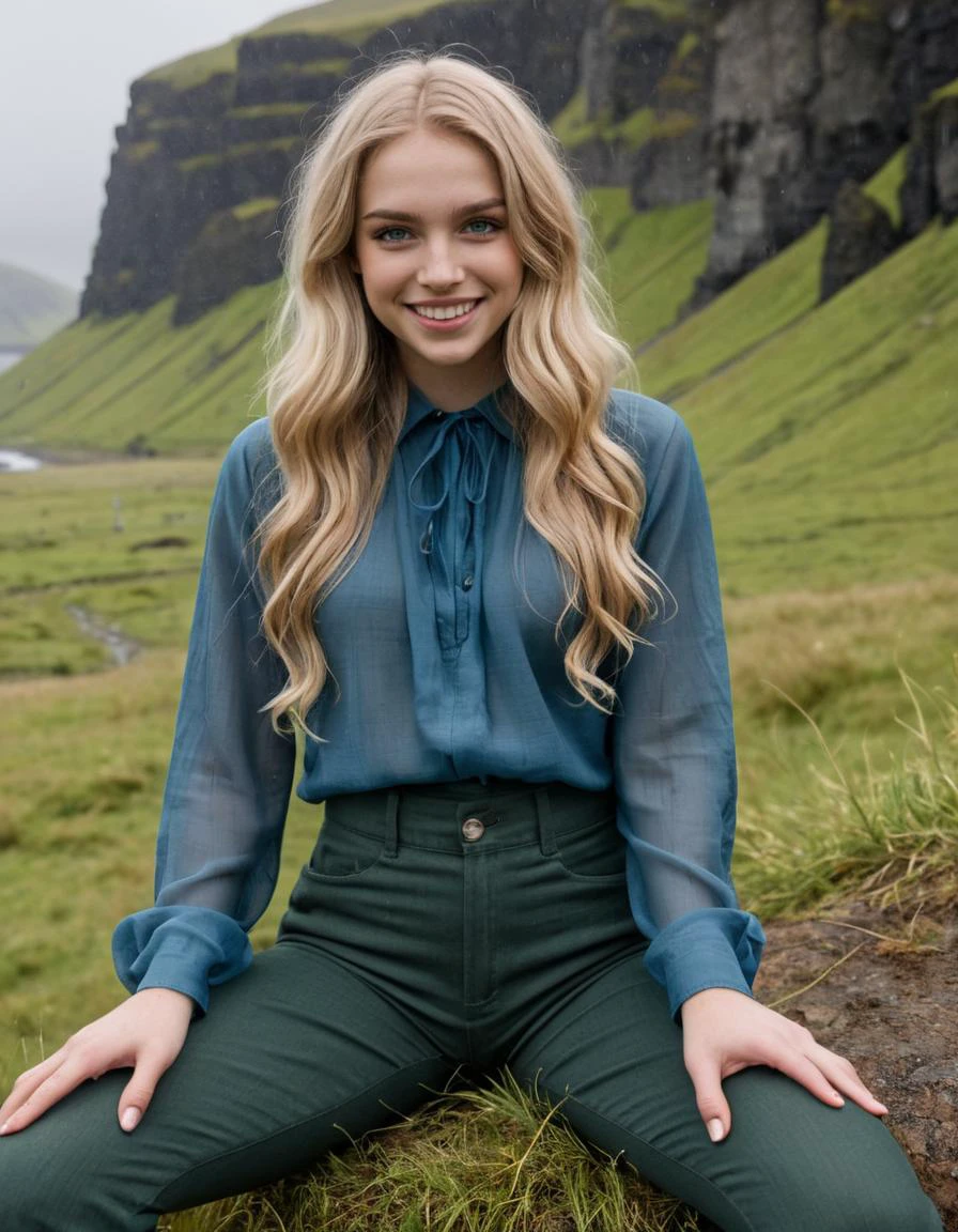 (medium shot, zoomed in upper body:1.3) photo of a smiling, (perfect teeth:1.3) aroused athletic young 26 year old (Icelandic:1.3) (emo:1.3) woman with long wavy bohemian blonde hair, dark green eyes, (small breasts:1.3), muscular ass, (perfect hands:1.3).
She is wearing a (blue gauze long-sleeved shirt and pants, high heeled boots:1.1). 
She is sexy sitting facing towards camera, in a glen with cliffs and animals, afternoon, raining.
detailed skin texture, detailed cloth texture, detailed face, (intricate sharp details:1.5), ultra high res