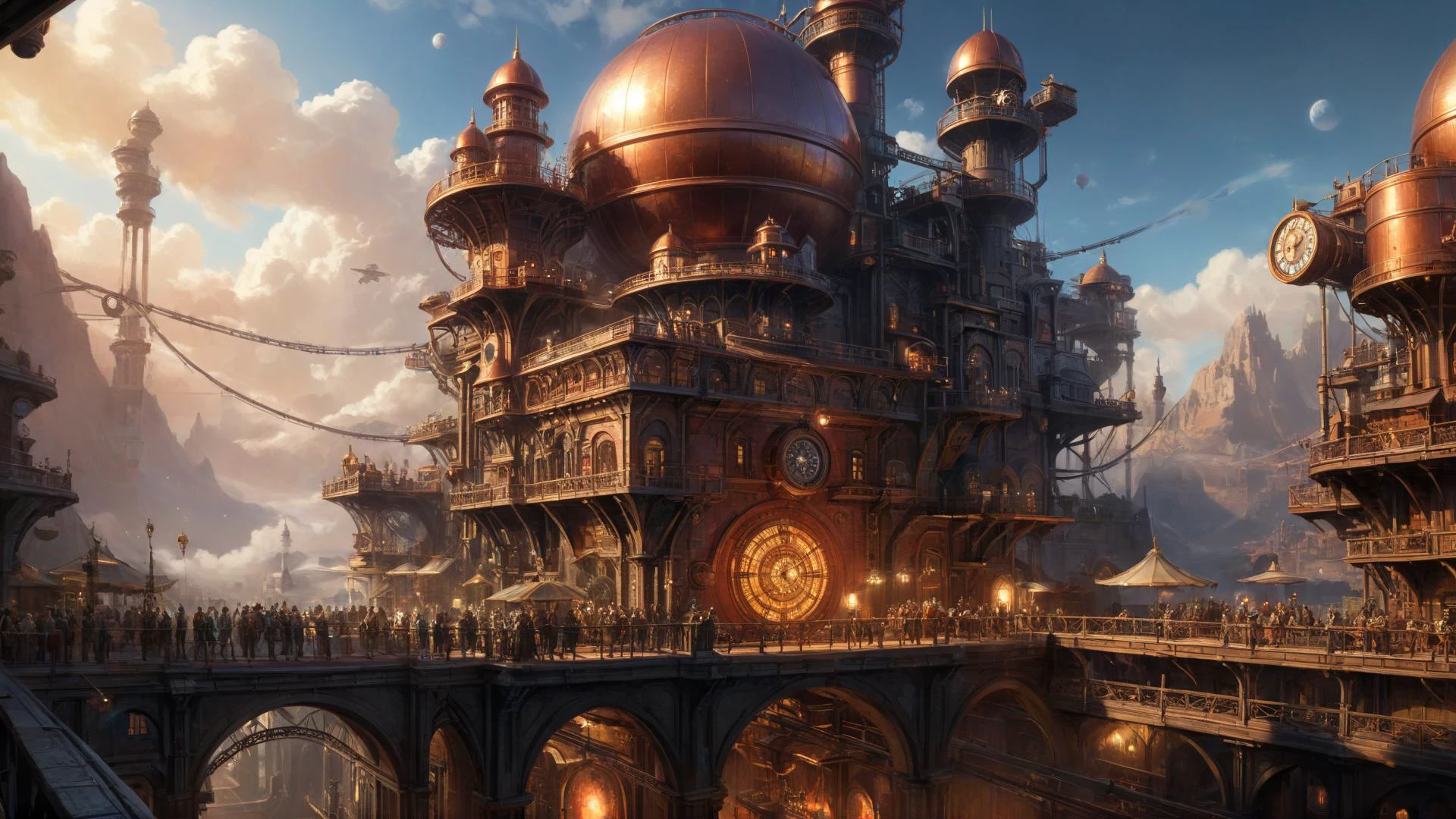 SK_DIGITALART, painting of a steampunk megastructure outside of time, an exotic distant world, by Ian McQue, 
highly impressive & realistic, Hyper-detailed, Insane Details, Intricate Details, Cinematics, Editorial Art, Tilt Blur, Super-Resolution, Megapixels, Unreal Engine 5, Studio Lighting, Volumetric, Optical, Diffusion Glowing, Shadows, Proportions, Rough, Shimmery, Ray Tracing Reflections, Glossy, Lumen Reflections, Screen Space Reflections, Diffraction Rating, Chromatic Aberration, GB Shift, Ray Tracing, Ray Tracing Ambient Occlusion Anti-Ali asing, Post-Processing, Post-Production, Cel Shading, Tone Mapping, Incredibly Detailed and Intricate, Hypermaximalist, Sleek, Hyper Realistic, Super Detailed, Dynamic Pose, Hyperrealism, HDI, 8k  dramatic lighting, dark colors, wide angle view, panorama view, dominant colors Rustic Red and Copper, 
