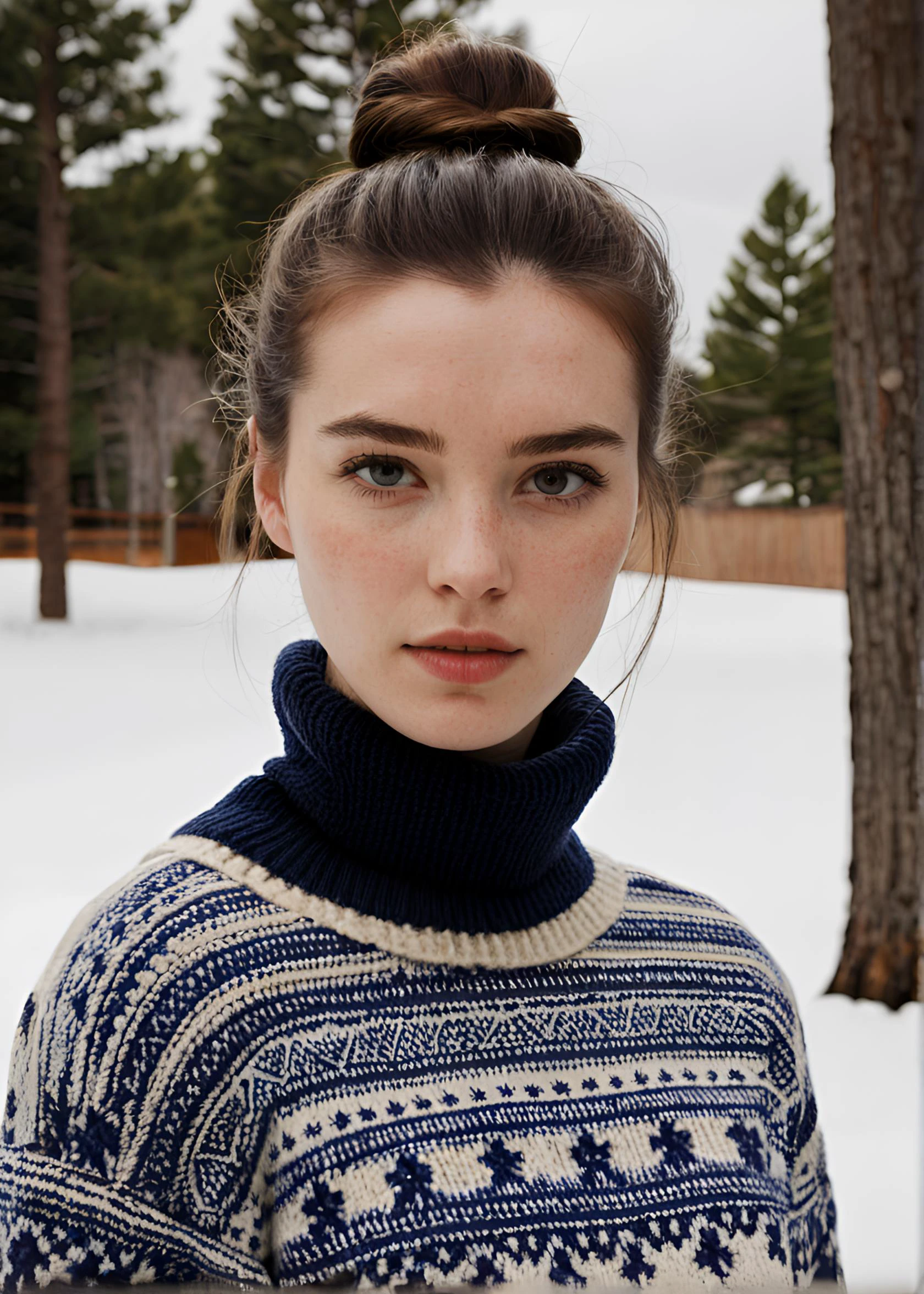 raw analog portrait photo of a beautiful woman, detailed skin, realistic skin texture, hair in bun, natural lighting, outdoor, winter, snow, 8k, uhd, masterpiece, photorealism