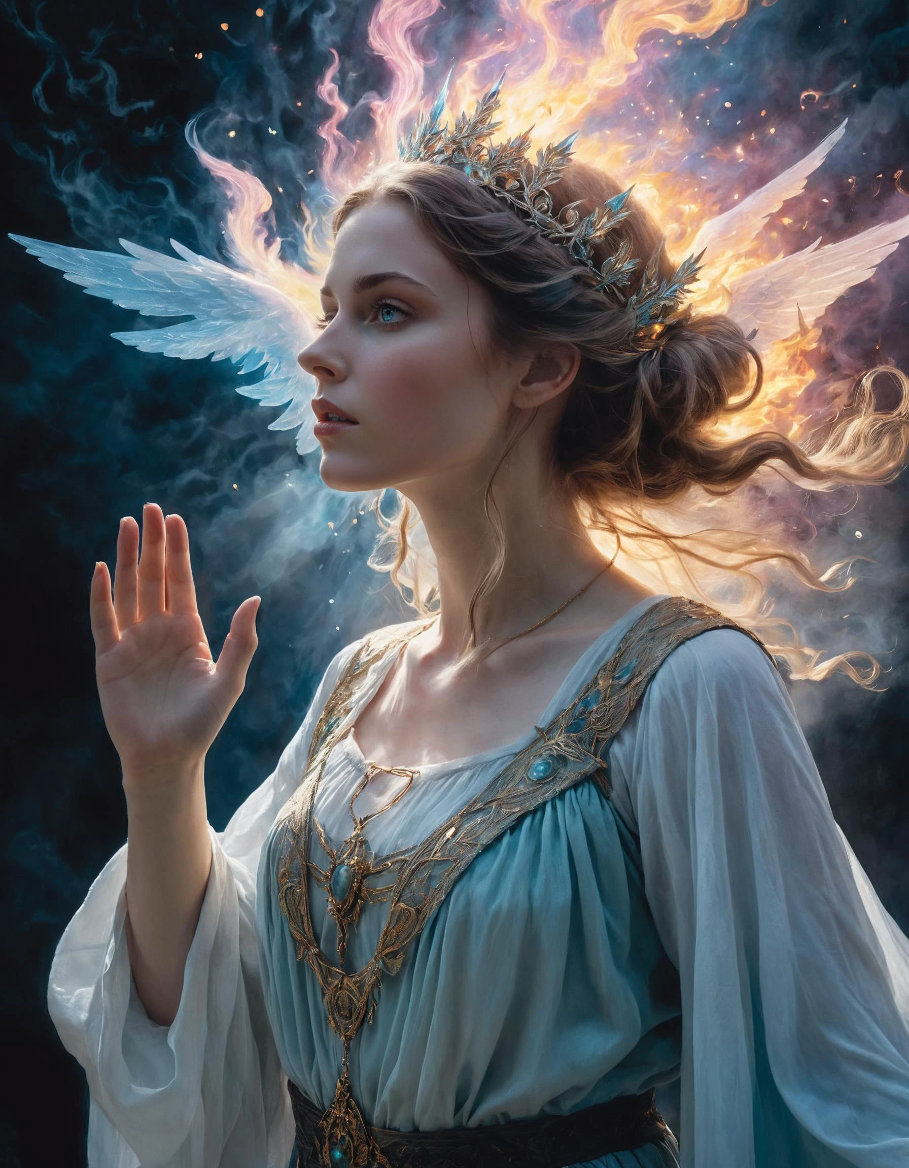 a photograph of a mysterious beautiful European woman summoning elemental forces, with dynamic backlighting, extremely detailed, ultra-realistic, 10k high resolution, in the style of digital art, acrylics, pastels, (Baroque:0.4), Romanticism, Realism,
