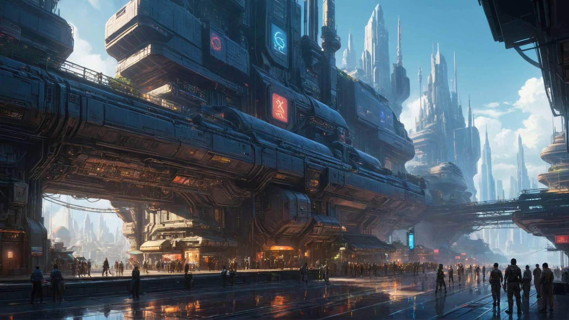 SK_DIGITALART, painting of a cyberpunk megastructure outside of time, an exotic distant world, by Ian McQue, 
highly impressive & realistic, Hyper-detailed, Insane Details, Intricate Details, Cinematics, Editorial Art, Tilt Blur, Super-Resolution, Megapixels, Unreal Engine 5, Studio Lighting, Volumetric, Optical, Diffusion Glowing, Shadows, Proportions, Rough, Shimmery, Ray Tracing Reflections, Glossy, Lumen Reflections, Screen Space Reflections, Diffraction Rating, Chromatic Aberration, GB Shift, Ray Tracing, Ray Tracing Ambient Occlusion Anti-Ali asing, Post-Processing, Post-Production, Cel Shading, Tone Mapping, Incredibly Detailed and Intricate, Hypermaximalist, Sleek, Hyper Realistic, Super Detailed, Dynamic Pose, Hyperrealism, HDI, 8k  dramatic lighting, dark colors, wide angle view, panorama view, dominant colors Brass and Dark Blue, 
