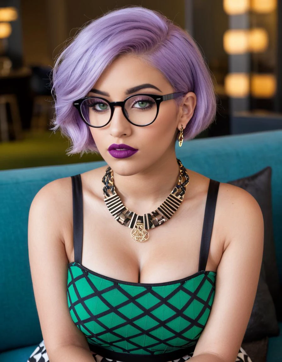 (close shot, zoomed in face portrait:1.3) photo of a pondering, (closed mouth:1.5) calm athletic young 19 year old Punjabi (nerdy with glasses:1.3) woman with short purple hair, green eyes, (giant breasts:1.3), big ass, makeup, lipstick, eyeshadow, eyeliner, (manicured nails:1.3).
She is wearing a geometric print sheer crop top and skirt, platform heels, (small purse:1.1), small earrings, necklace, bracelets. 
She is erotically posing facing away from camera, in a (penthouse:1.1), evening.
detailed skin texture, detailed cloth texture, detailed face, (intricate sharp details:1.5), ultra high res