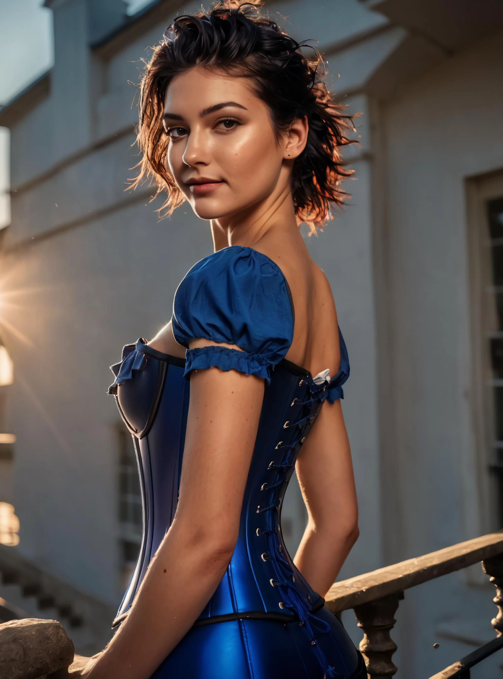 kodak portra photo of, (magnificent 23yo raven haired goddess leant against balustrade:1.3), (gorgeous body:1.3),(closed smile:1.1),(intense gaze, piercing eyes), (skin imperfections, skin pores, skin blemishes, skin subsurface scatter, vellus hair:1.4), (risky ultramarine corset:1.35), (harsh light, backlit:1.4), (low angle, bodacious shot:1.55), (stormy sunset:1.2), nsfw,