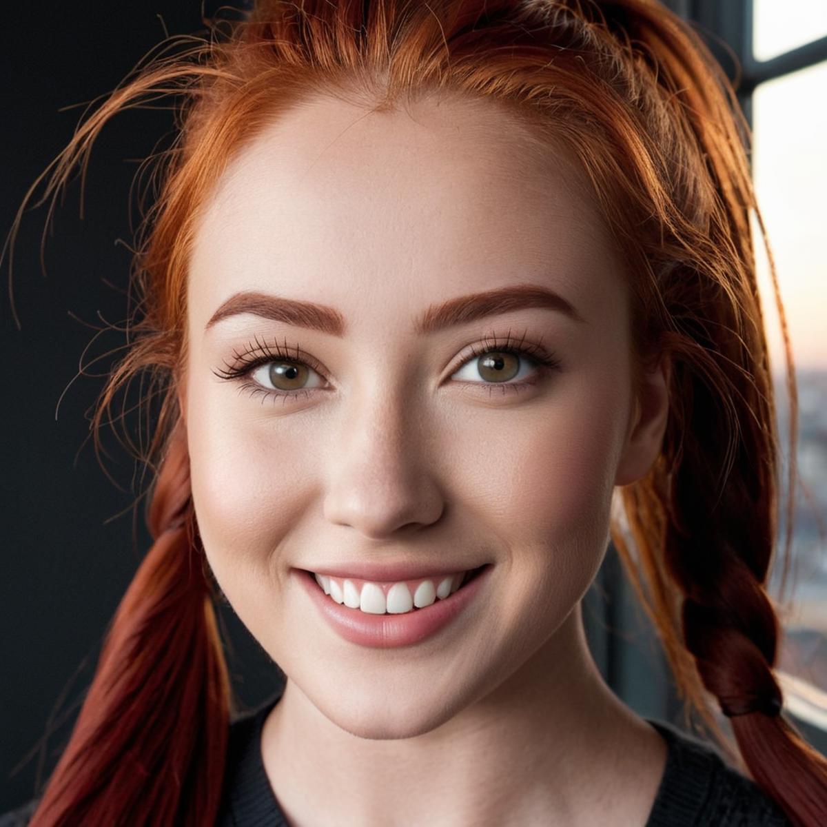 A close up of a woman with red hair and a black shirt - SeaArt AI