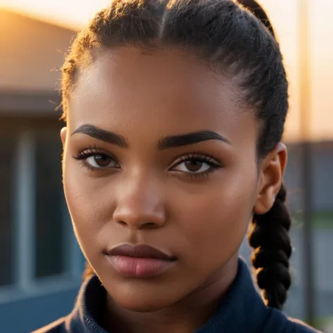 (Very close shot, zoomed in close-up face portrait:1.5) photo of a pondering, (closed mouth:1.5) upset petite young 26 year old Nigerian woman with short straight pigtails jet black hair, amber large eyes, round face, medium nose, defined jaw, large mouth, thick brows, tall chin, (tiny breasts:1.3), toned ass.
looking down. Modern style, inside a patio , store visible through window, sunset, foggy.
cinematic lighting, vibrant colors, detailed skin texture, detailed cloth texture, beautiful detailed perfect face, intricate sharp details, ultra high res