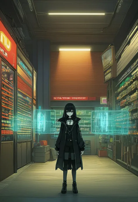 anime girl in a black coat standing in a subway station