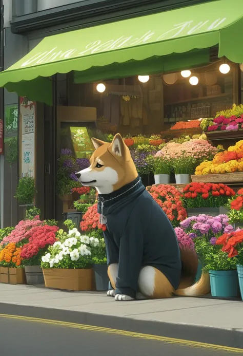 there is a dog sitting on the sidewalk in front of a flower shop