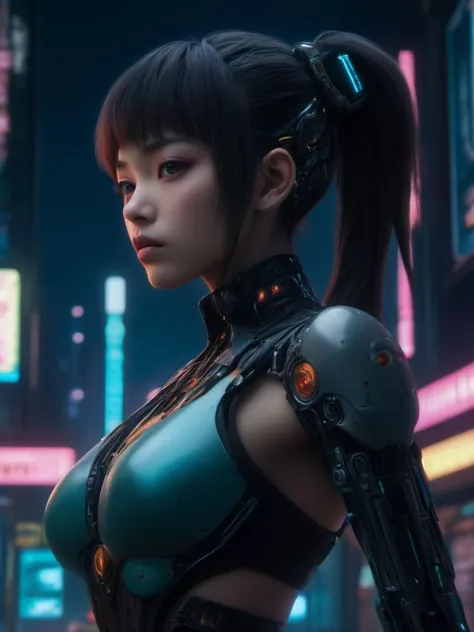 a woman in a futuristic outfit standing in front of a neon city