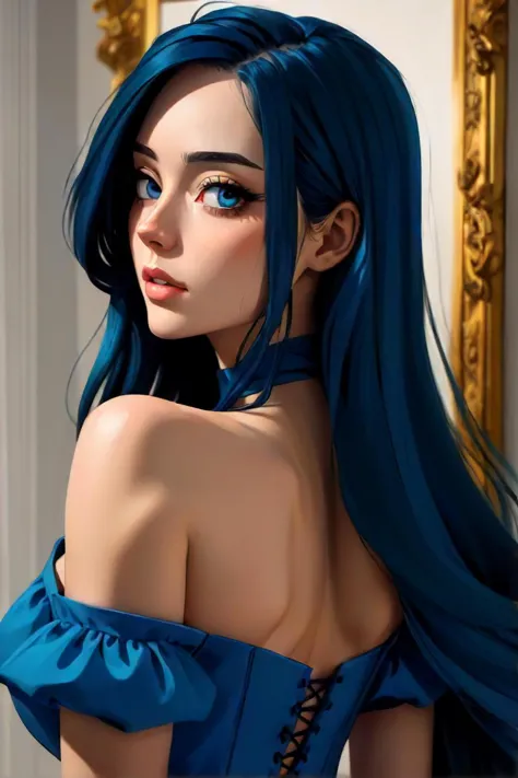 a painting of a woman with long hair and a blue dress, a digital painting by vibrant pop inspired illustrated manga art style, a...