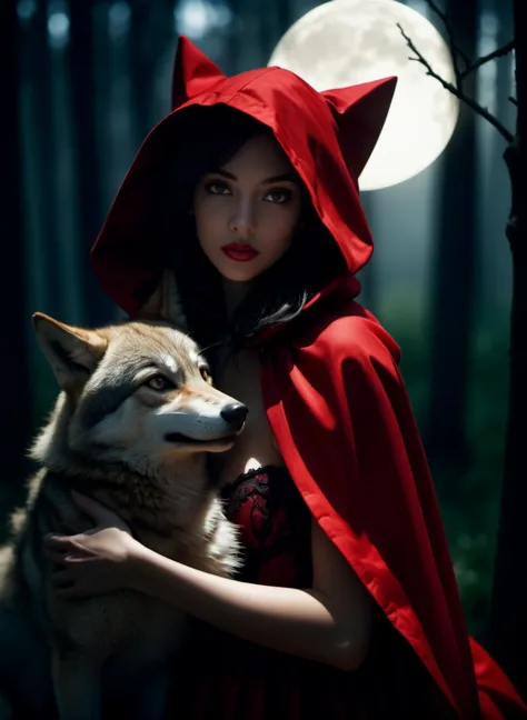 outdoor, perfect hand, dreamy beautiful red riding hood, cuddling with the big bad wolf, boudoir, innocent, moonlight, abstract ...
