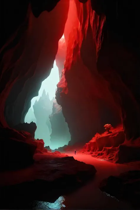 there is a red light in the middle of a cave, a 3d render by mike "beeple" winkelmann, cgsociety contest winner, digital art, re...