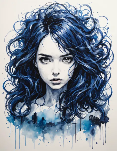 a painting of a woman with blue hair and a city skyline