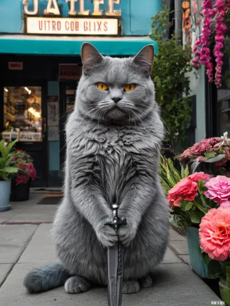 Hyperrealistic art (Masterpiece Photo:1.3) of (Ultra detailed:1.3) Cat,Holding a sword,In front of Flower shop,(by Artist Butche...