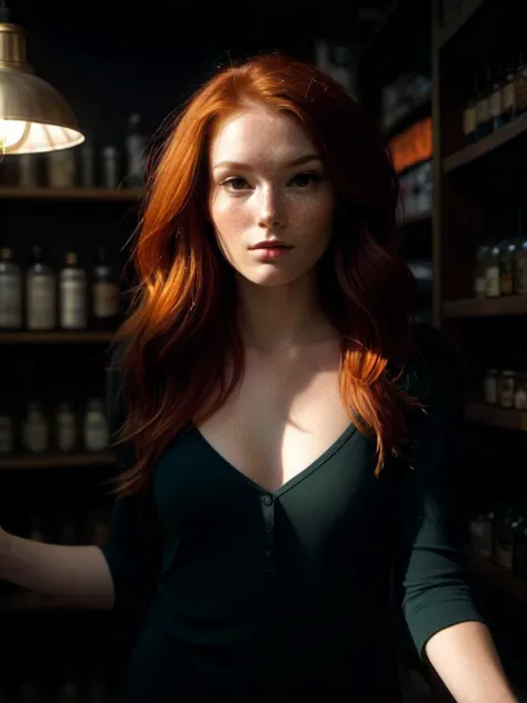 best quality, photorealistic, accurate, realistic, homely red head with freckles long hair shop keeper surrounded by magical items, dynamic lighting and shadows, cleavage, small breasts,
embedding:sdxl\pos\ImgFixerPre0.3, 