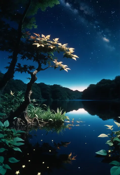 movie still, 1980s, fantasy ancient nature world with vibrant vegetation, starry sky, lake, reflections, highly detailed leaves,...