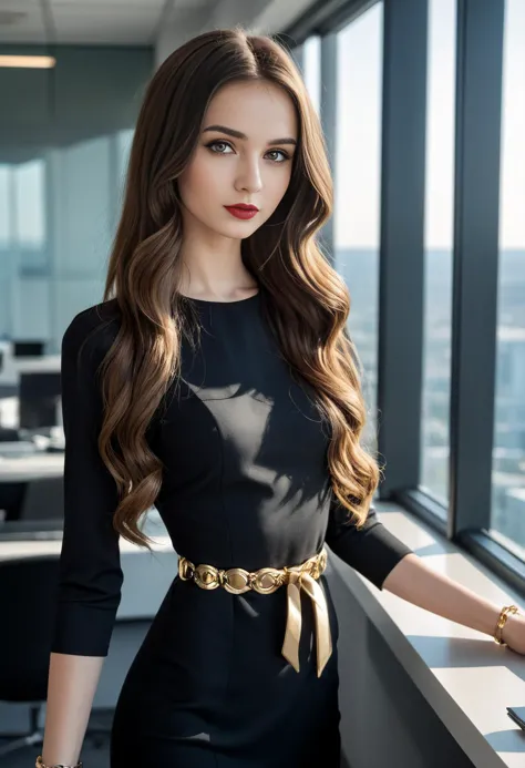 cinematic photo portrait of an 18 year old slim girl posing in the office by the window
fitted black pencil dress
black gold bel...