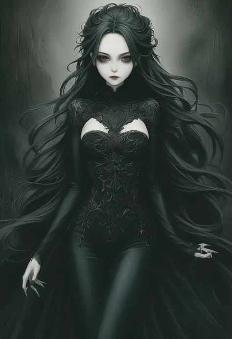 Gothic style 1girl, cute, beautiful, skinny, fit, asian, 20 years old,  [very long hair|black hairl], messy hair, pale skin , me...