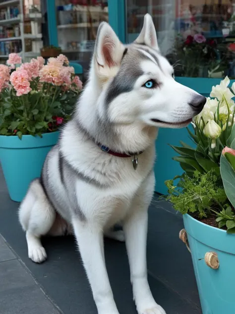 Hyperrealistic art (Masterpiece Photo:1.3) of (Ultra detailed:1.3) Husky,Being concerned,In front of Flower shop,(by Artist Pete...