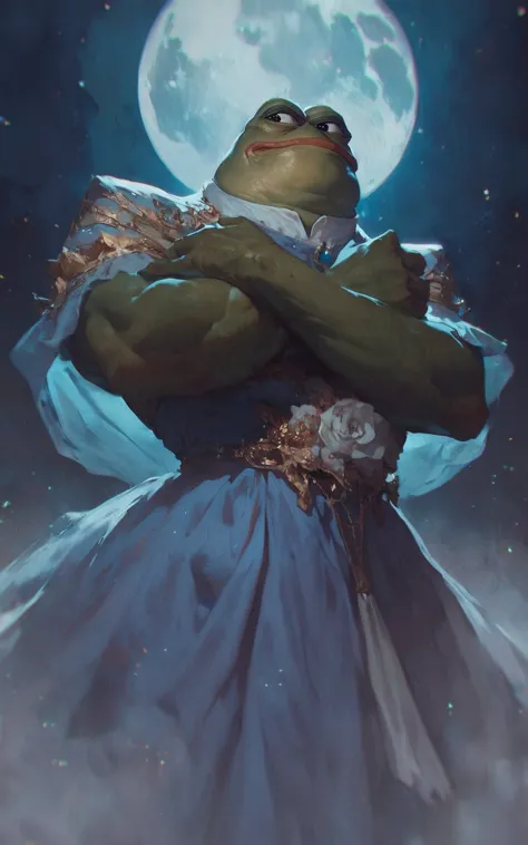 a frog dressed in a dress and holding a knife in front of a full moon